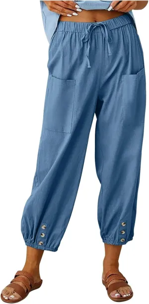 Women's Cotton Linen Summer Fashion Pant Trousers Elastic Waist Lounge Pants Slim Fit Trousers Business Work