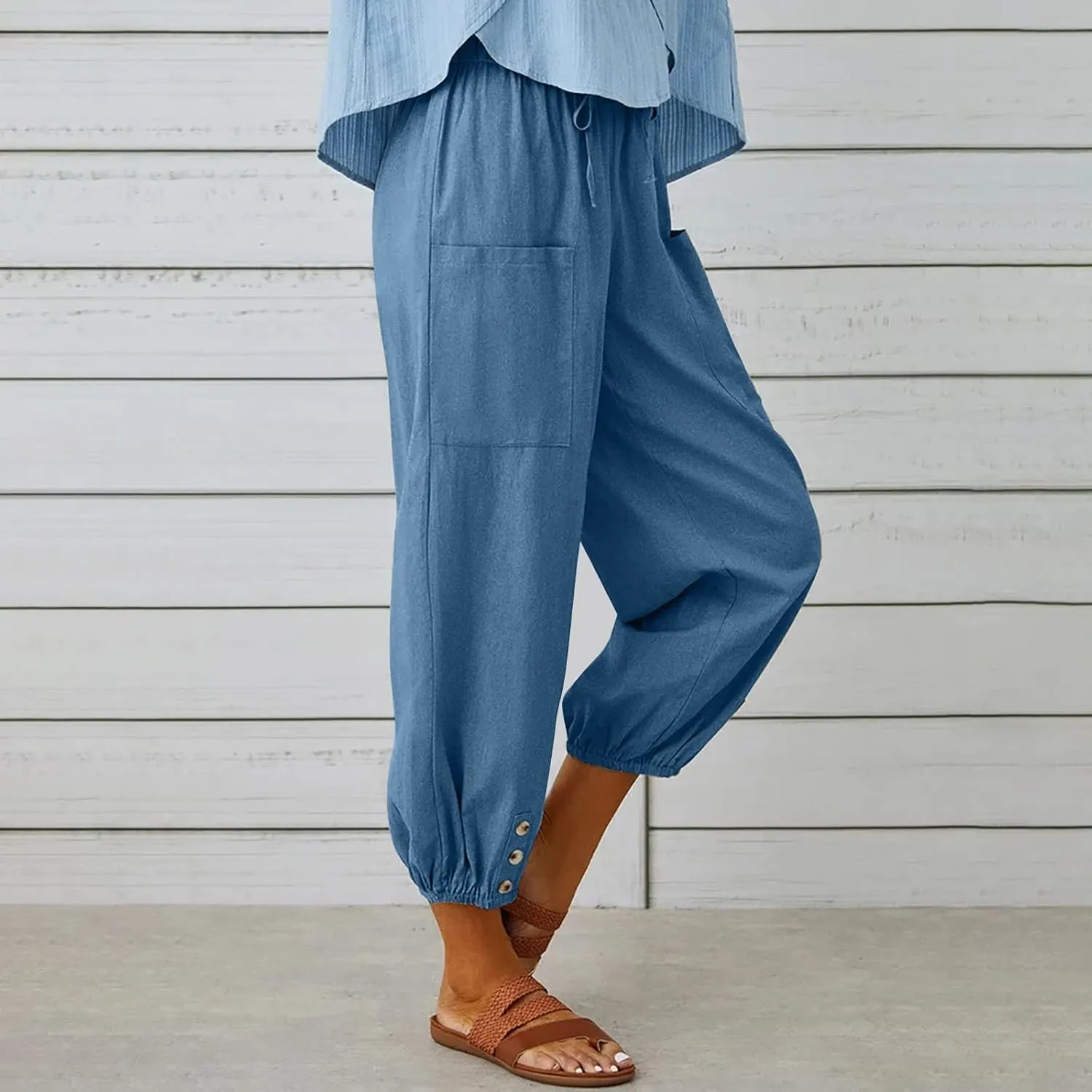 Women's Cotton Linen Summer Fashion Pant Trousers Elastic Waist Lounge Pants Slim Fit Trousers Business Work