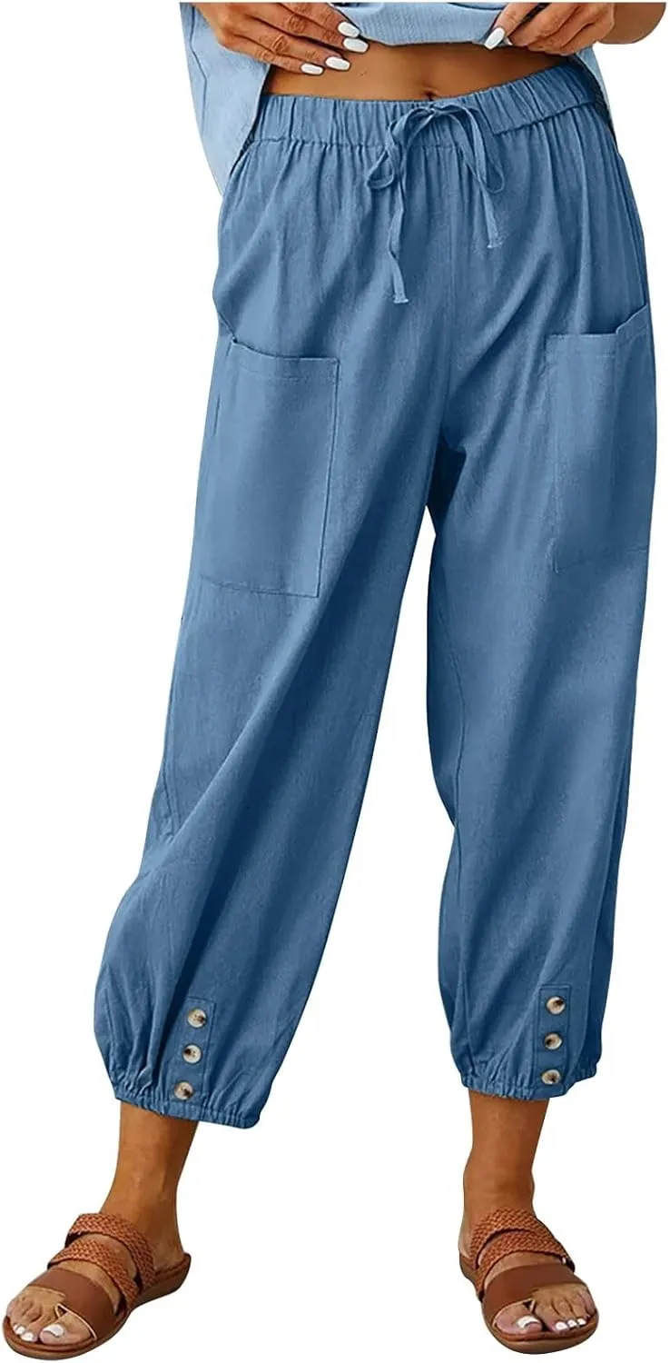 Women's Cotton Linen Summer Fashion Pant Trousers Elastic Waist Lounge Pants Slim Fit Trousers Business Work
