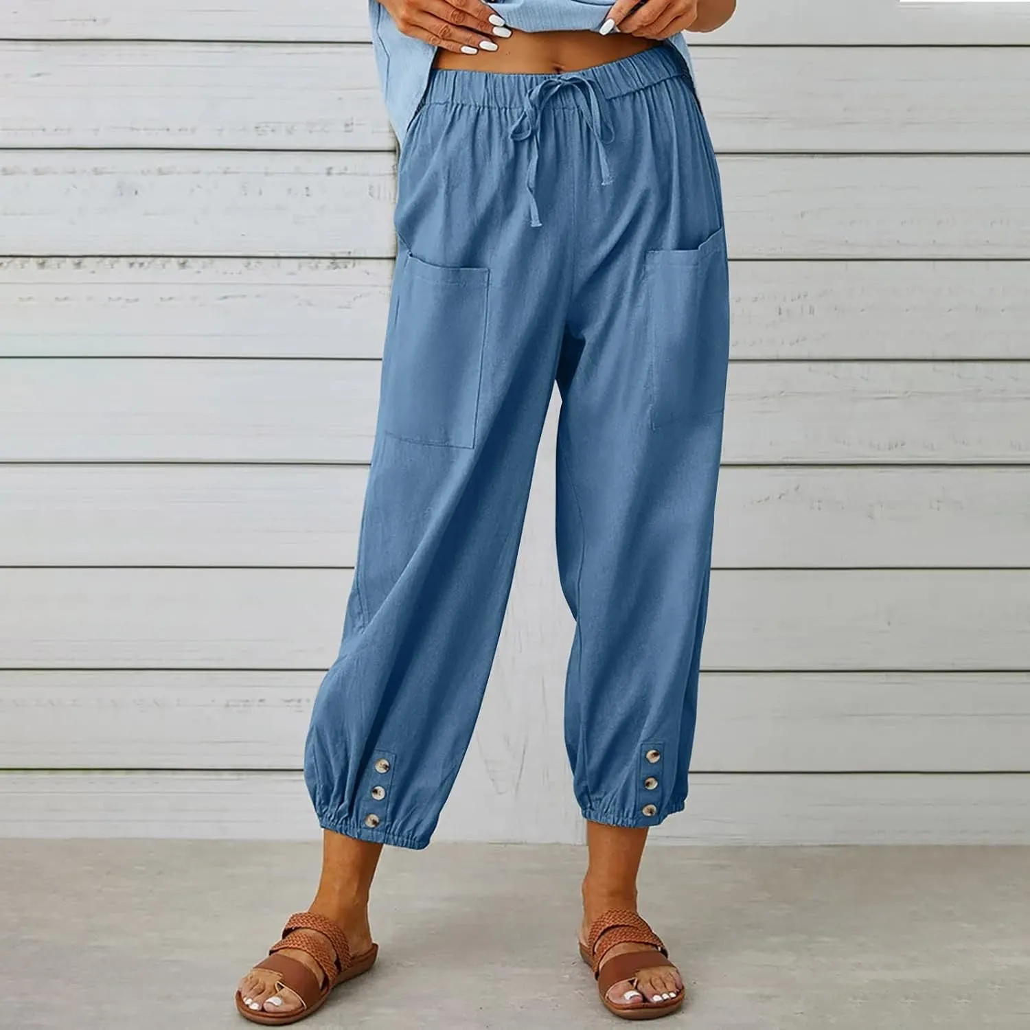 Women's Cotton Linen Summer Fashion Pant Trousers Elastic Waist Lounge Pants Slim Fit Trousers Business Work