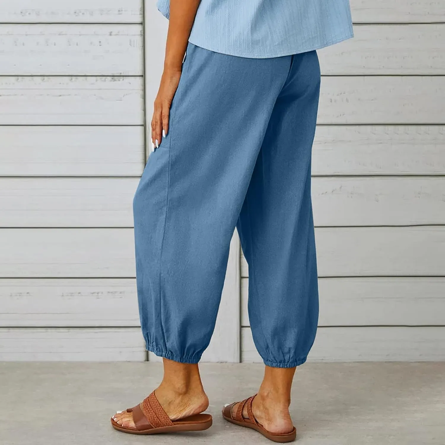 Women's Cotton Linen Summer Fashion Pant Trousers Elastic Waist Lounge Pants Slim Fit Trousers Business Work