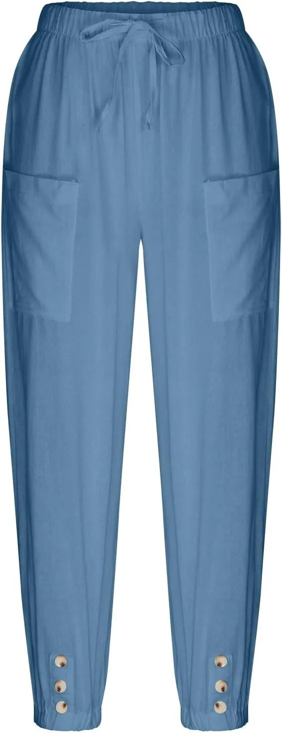 Women's Cotton Linen Summer Fashion Pant Trousers Elastic Waist Lounge Pants Slim Fit Trousers Business Work