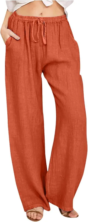 Womens Cotton Linen Summer Letter Patched Palazzo Pants Low Waist Wide Leg Slim Fit Palazzo Pants Office