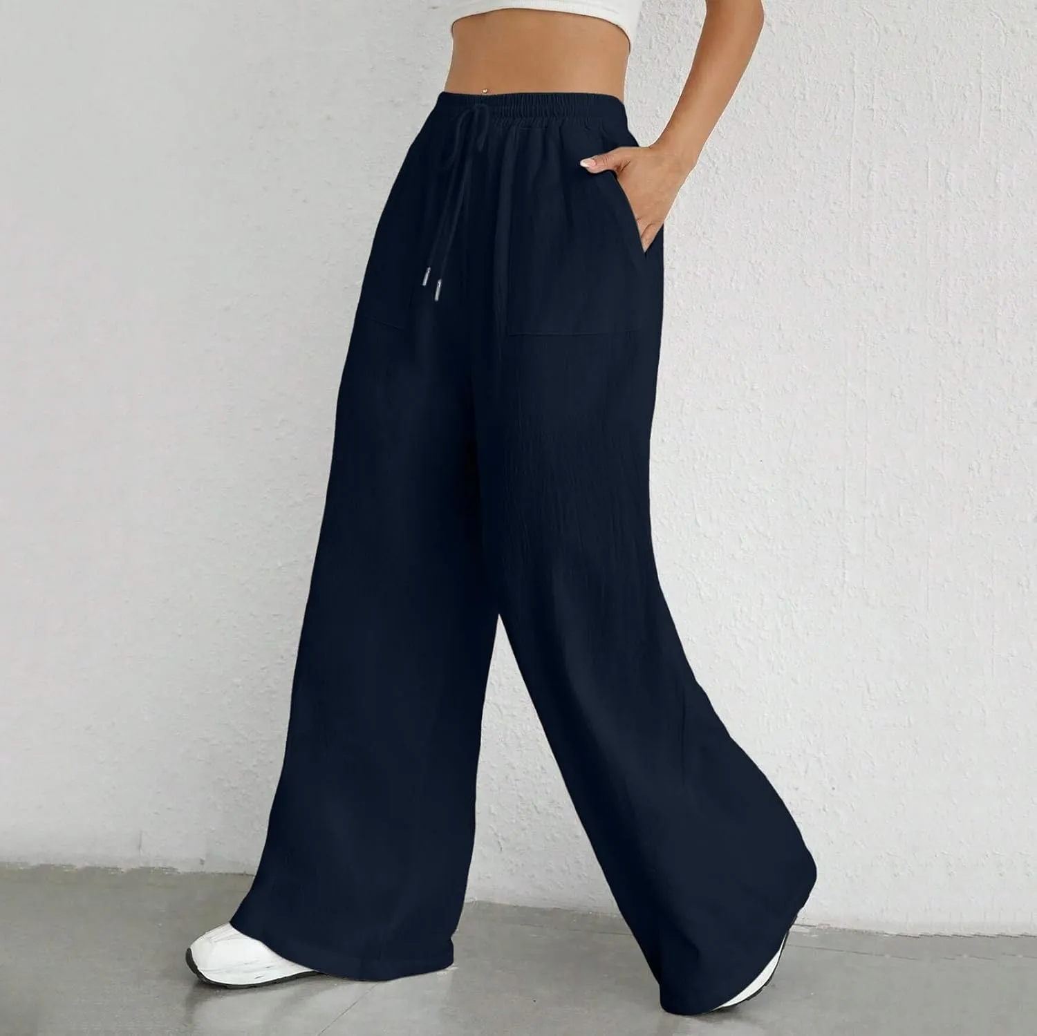 Women's Cotton Linen Summer Lightweigt Palazzo Lounge Pants Low Waist Ankle Length Slim-Fit Palazzo Lounge