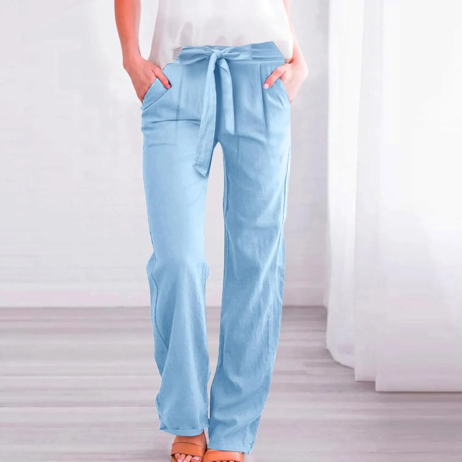 Women's Cotton Linen Summer Lightweigt Palazzo Pants Low Waist Wide Leg Loose Fit Pants Travel