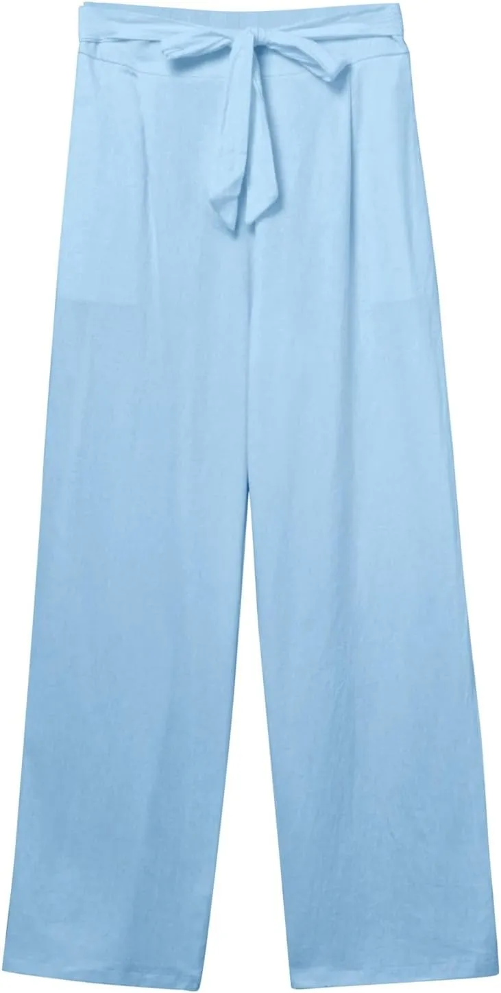 Women's Cotton Linen Summer Lightweigt Palazzo Pants Low Waist Wide Leg Loose Fit Pants Travel