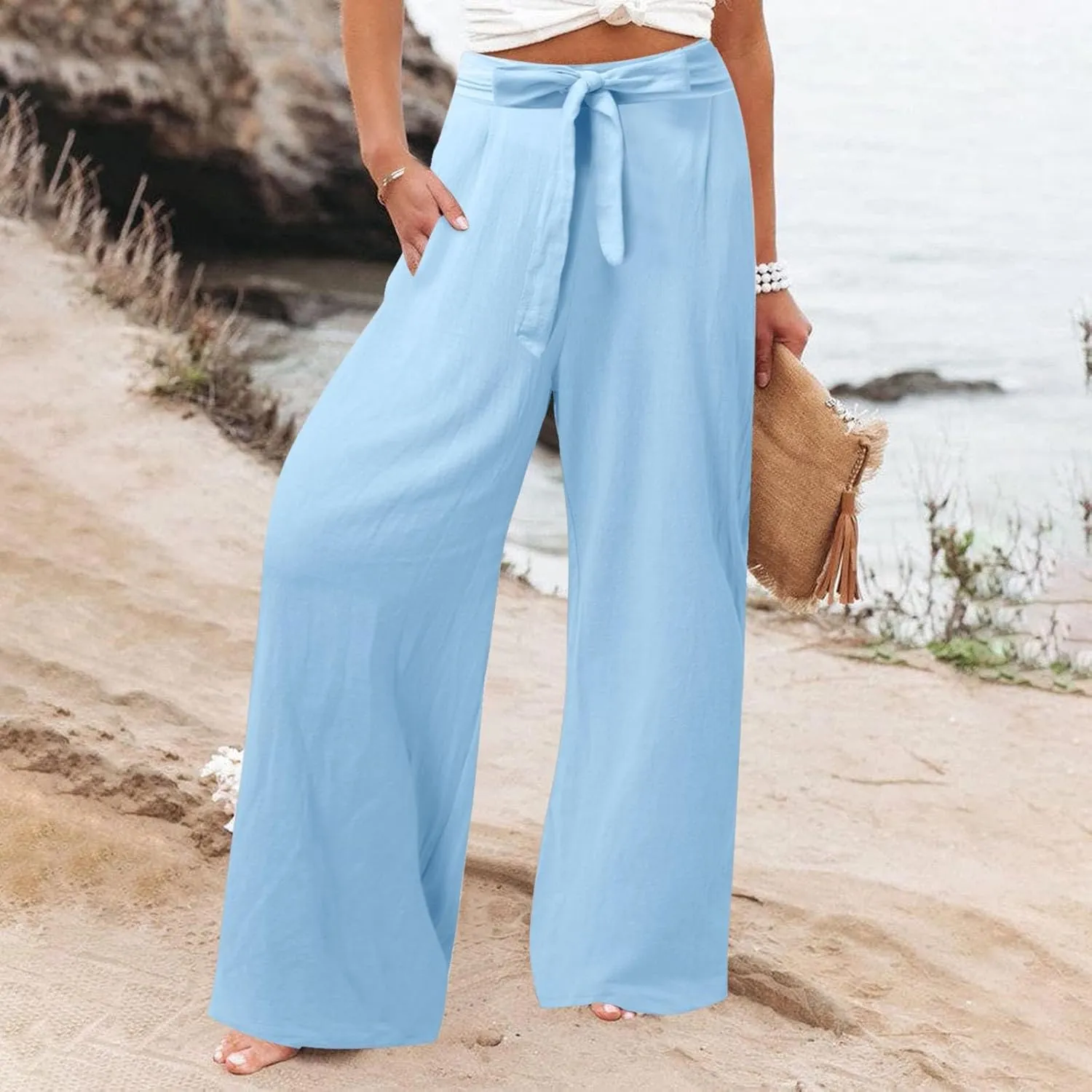 Women's Cotton Linen Summer Lightweigt Palazzo Pants Low Waist Wide Leg Loose Fit Pants Travel