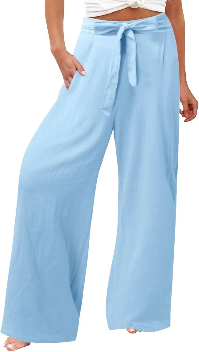 Women's Cotton Linen Summer Lightweigt Palazzo Pants Low Waist Wide Leg Loose Fit Pants Travel