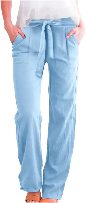 Women's Cotton Linen Summer Lightweigt Palazzo Pants Low Waist Wide Leg Loose Fit Pants Travel