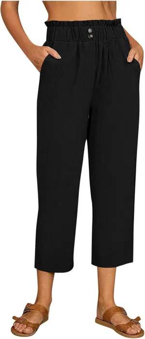 Women's Cotton Linen Summer Loose Flowy Pants Elastic Waisted Wide Leg Plus Size Trouser Business Work