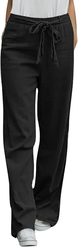 Women's Cotton Linen Summer Loose Palazzo Pants High Waist Baggy Stretchy Plus Size Palazzo Pants Beach