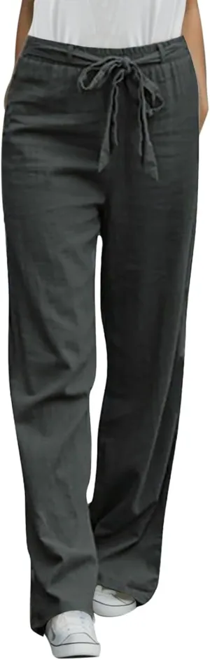 Women's Cotton Linen Summer Loose Palazzo Pants High Waist Baggy Stretchy Plus Size Palazzo Pants Beach