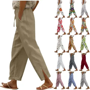 Women's Cotton Linen Summer Palazzo Pants 2025 Wide Leg Beach Lounge Trousers with Pockets Vacation Outfits A-Khaki