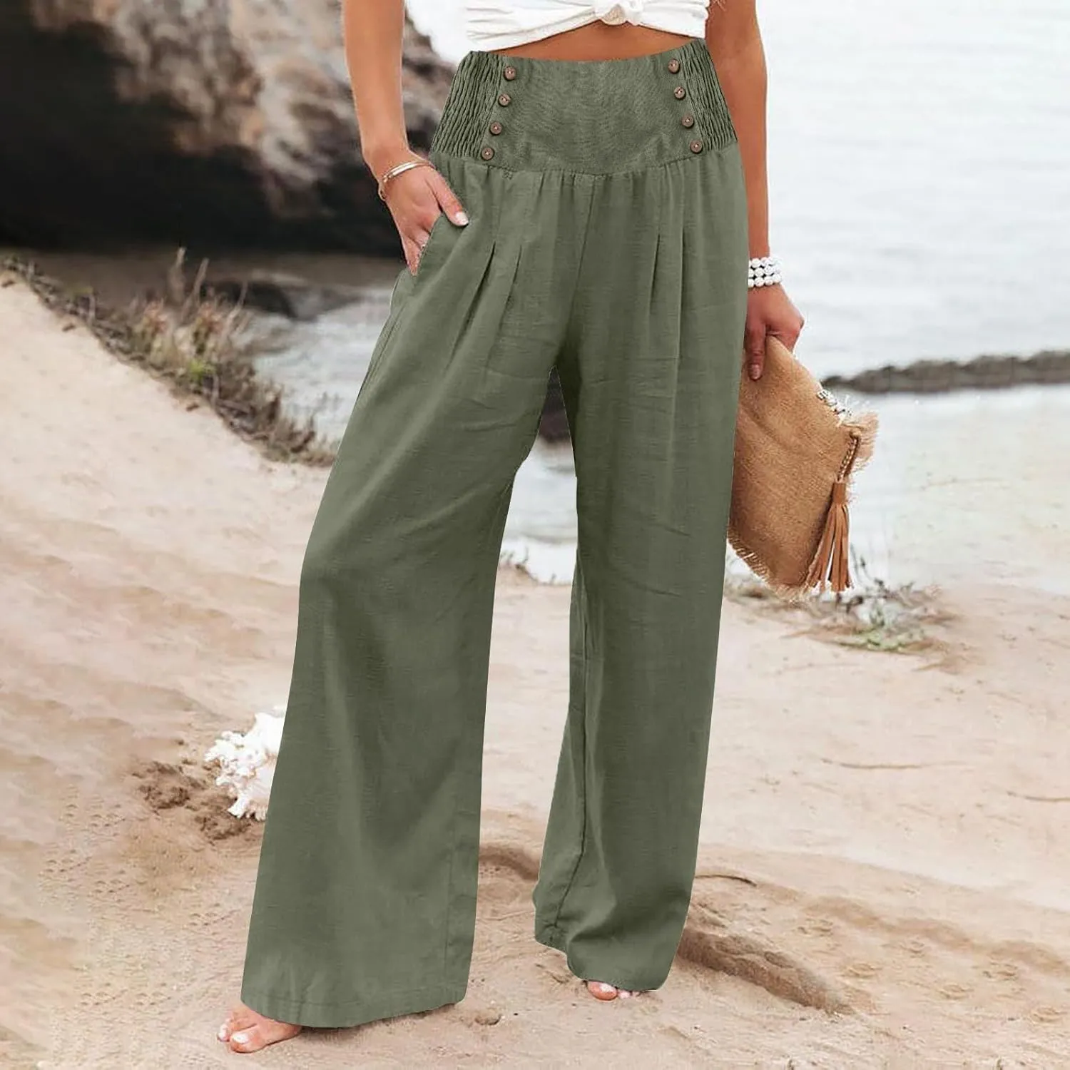 Womens Cotton Linen Summer Pull On Pant Trousers High Waist Wide Leg Plus Size Palazzo Pants Office