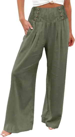 Womens Cotton Linen Summer Pull On Pant Trousers High Waist Wide Leg Plus Size Palazzo Pants Office