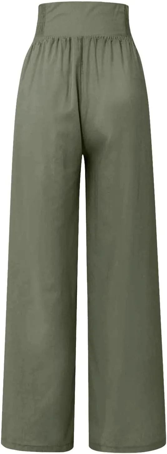 Womens Cotton Linen Summer Pull On Pant Trousers High Waist Wide Leg Plus Size Palazzo Pants Office