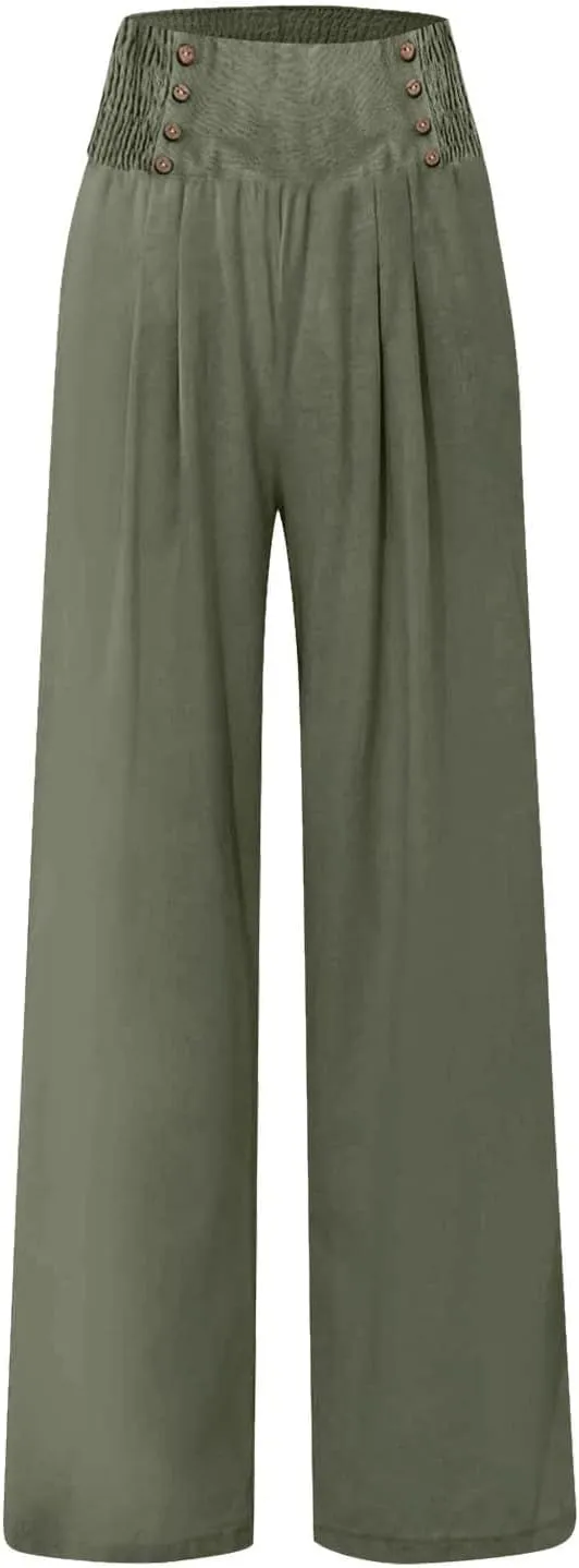 Womens Cotton Linen Summer Pull On Pant Trousers High Waist Wide Leg Plus Size Palazzo Pants Office