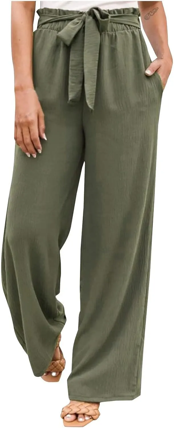 Womens Cotton Linen Summer Solid Palazzo Pants High Waist Lounge Pants Plus Size Pant Trousers Travel