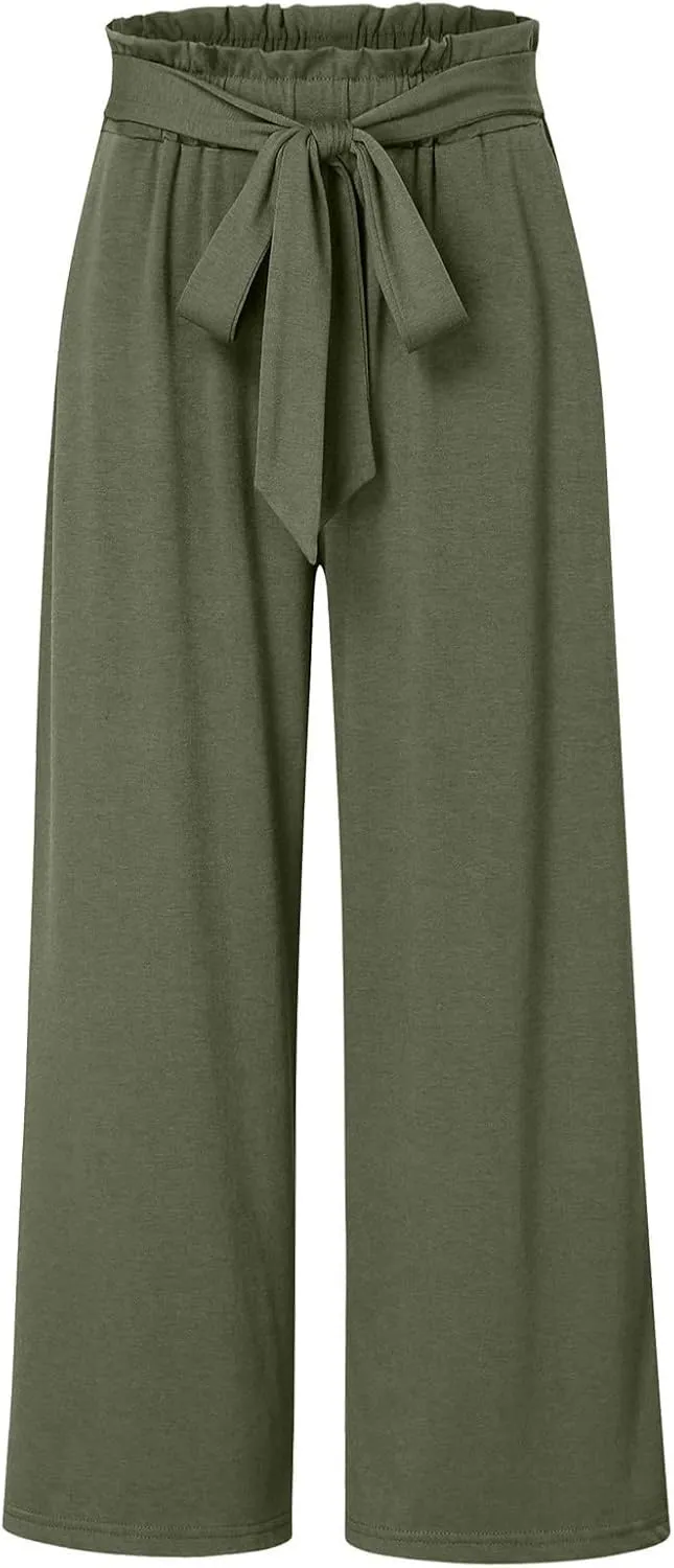 Womens Cotton Linen Summer Solid Palazzo Pants High Waist Lounge Pants Plus Size Pant Trousers Travel