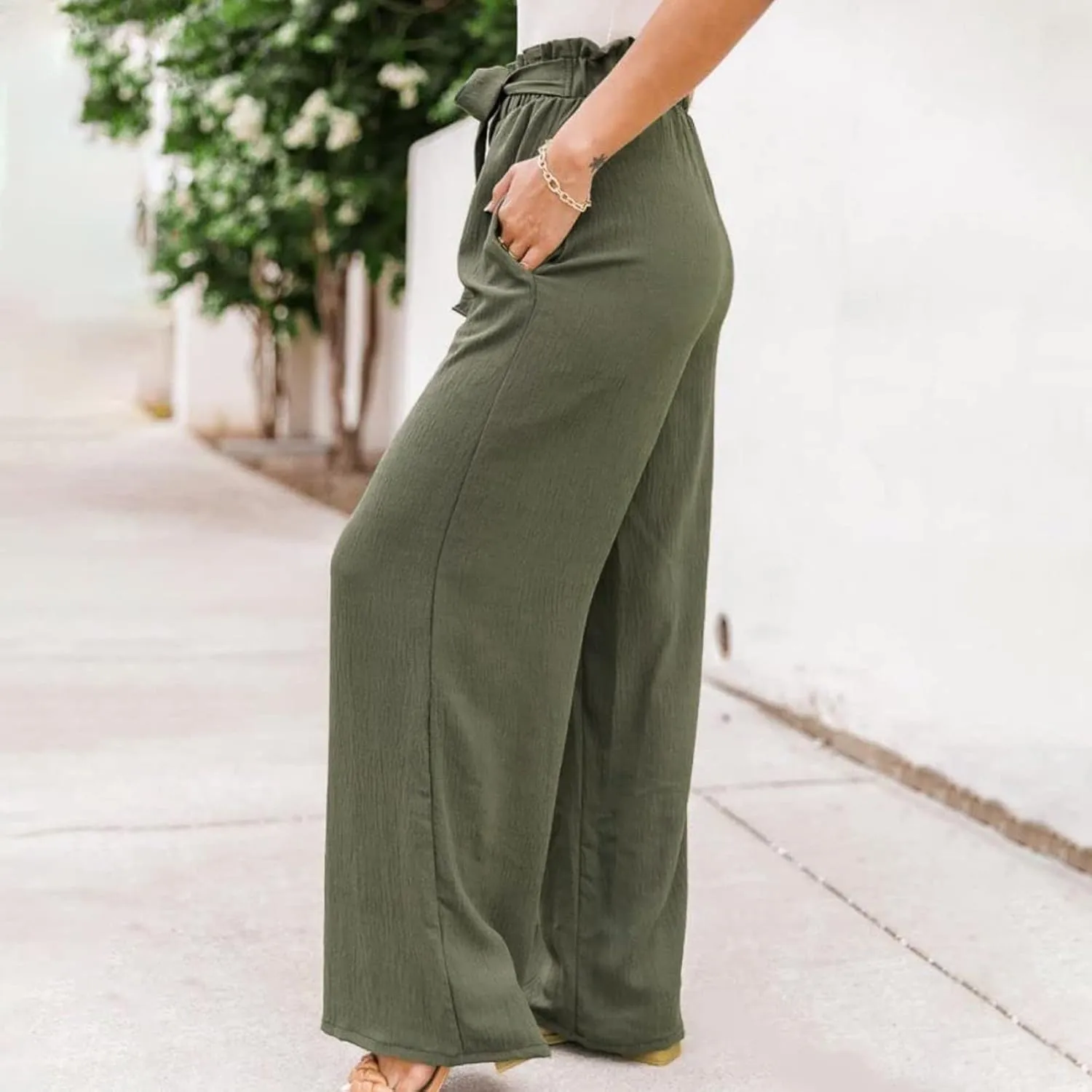 Womens Cotton Linen Summer Solid Palazzo Pants High Waist Lounge Pants Plus Size Pant Trousers Travel
