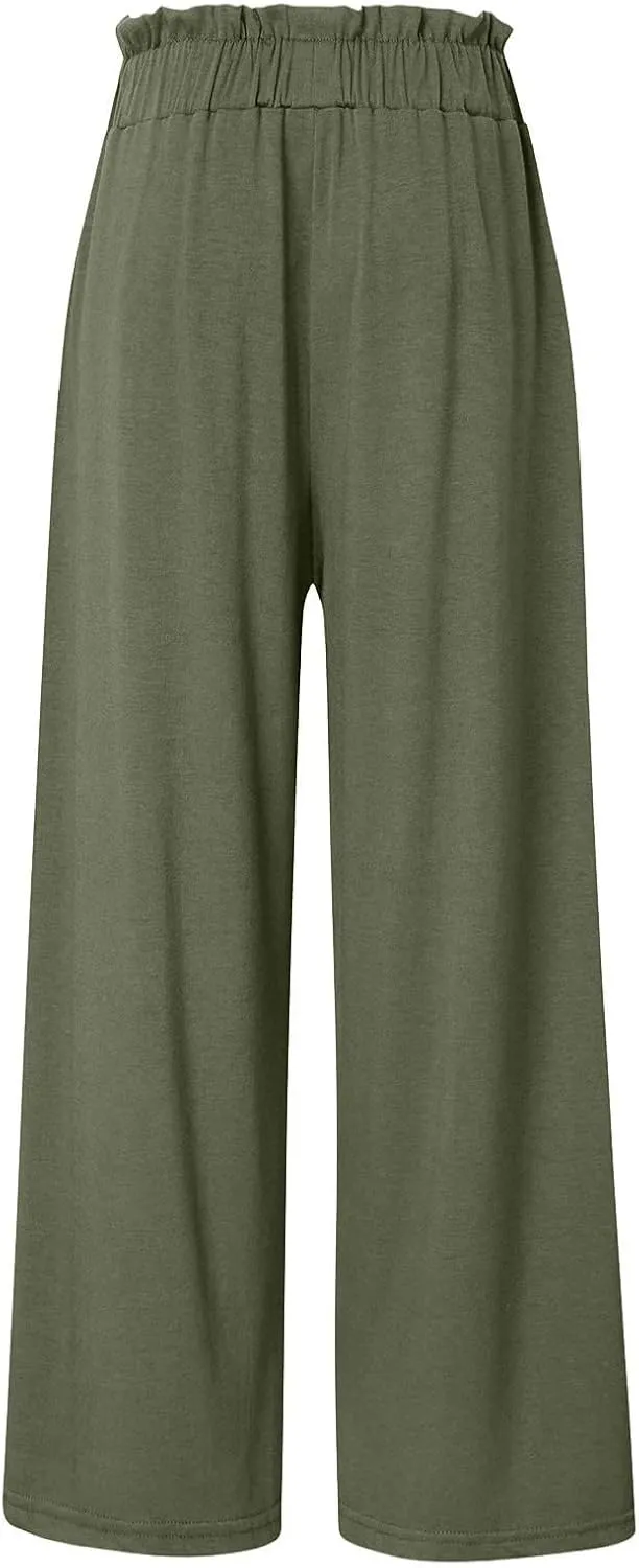 Womens Cotton Linen Summer Solid Palazzo Pants High Waist Lounge Pants Plus Size Pant Trousers Travel