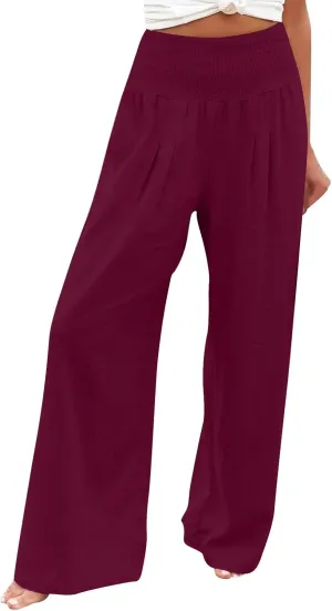 Womens Cotton Linen Summer Y2K Fashion Palazzo Pants Elastic Waist Bootcut Slim Fit Palazzo Lounge Pants Travel
