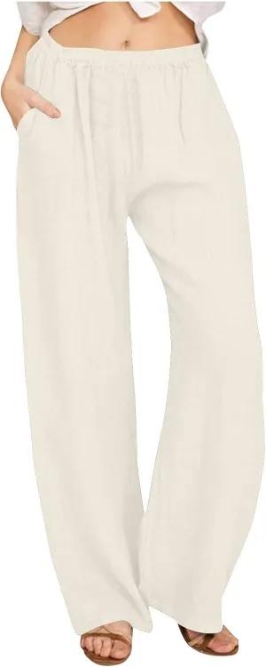 Womens Cotton Linen Wide Leg Palazzo Pants Loose Casual High Waisted Slacks Lightweight Summer Trousers with Pockets