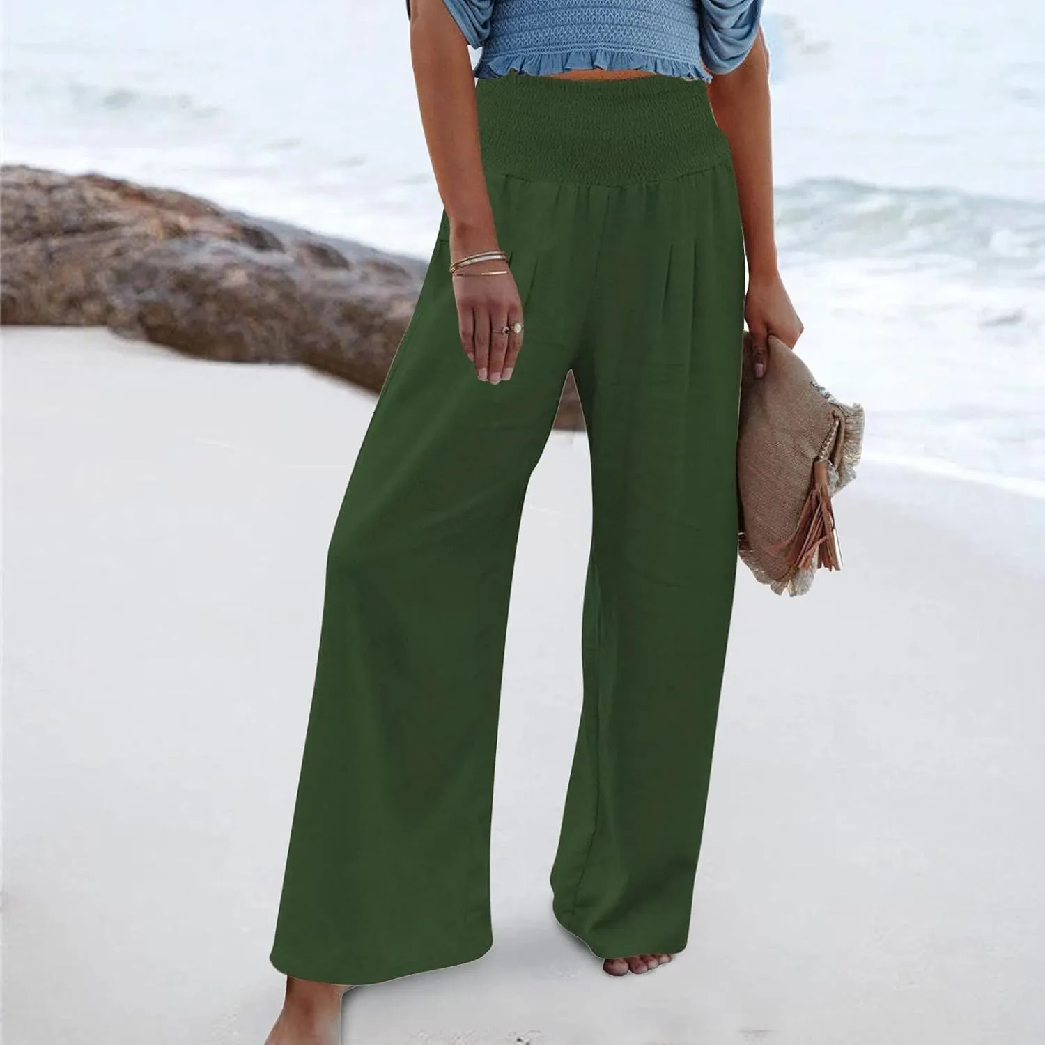 Womens Cotton Linen Wide Leg Pants Elastic High Waist Wide Leg Palazzo Pants