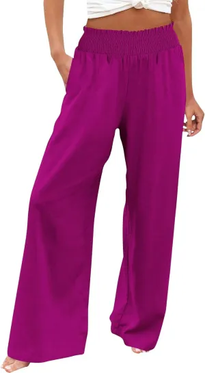 Womens Cotton Twill Pants Women Linen Palazzo Pants Wide Leg High Waist Summer Casual Boho Trousers