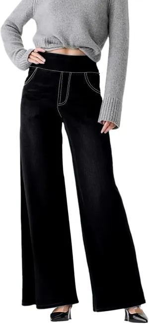 Womens Denim Pants High Waisted Stretchy Pull On Wide Leg Denim Pants with Pocket Casual Walk Outing Elegant Trousers
