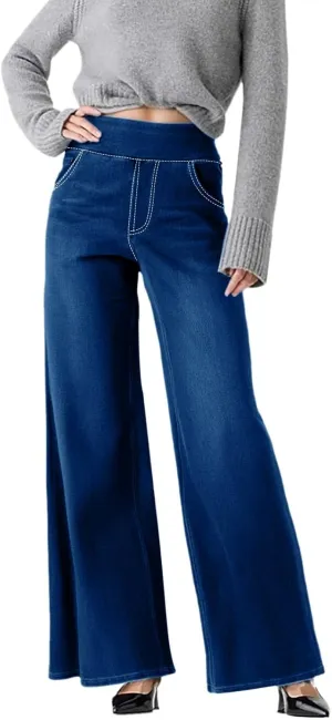 Womens Denim Pants High Waisted Stretchy Pull On Wide Leg Denim Pants with Pocket Casual Walk Outing Elegant Trousers