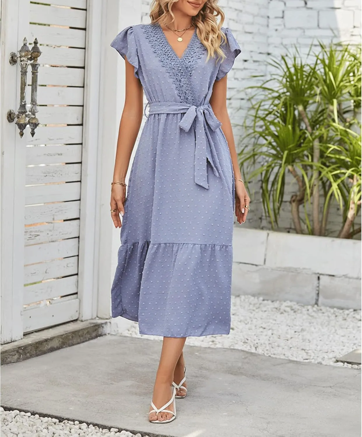Women's Dress V-Neck lace Polka dot Long Skirt