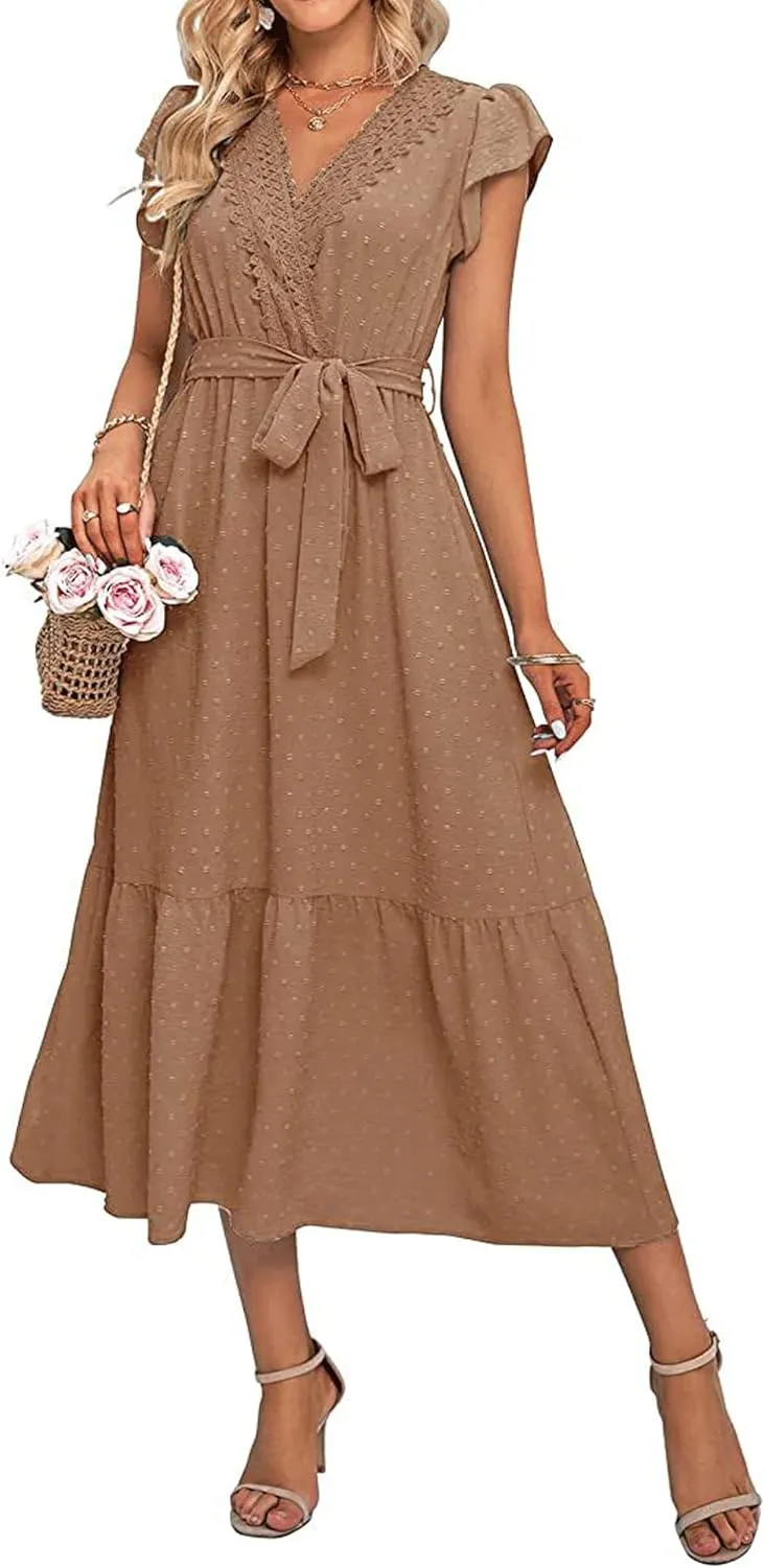 Women's Dress V-Neck lace Polka dot Long Skirt