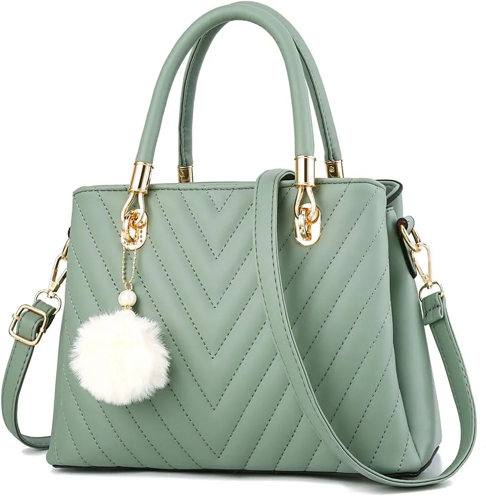 Womens Fashion Leather Handbags Quilted Purses Top-handle Totes Satchel Bag for Ladies Shoulder Bag for Women with Pompom