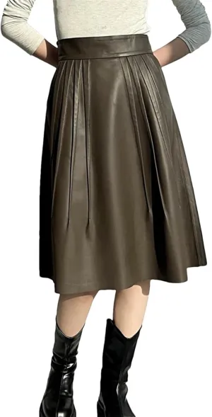 Womens Folded Sheepskin Leather Skirt Winter High-End Heartthrob Midi Pleated Italian
