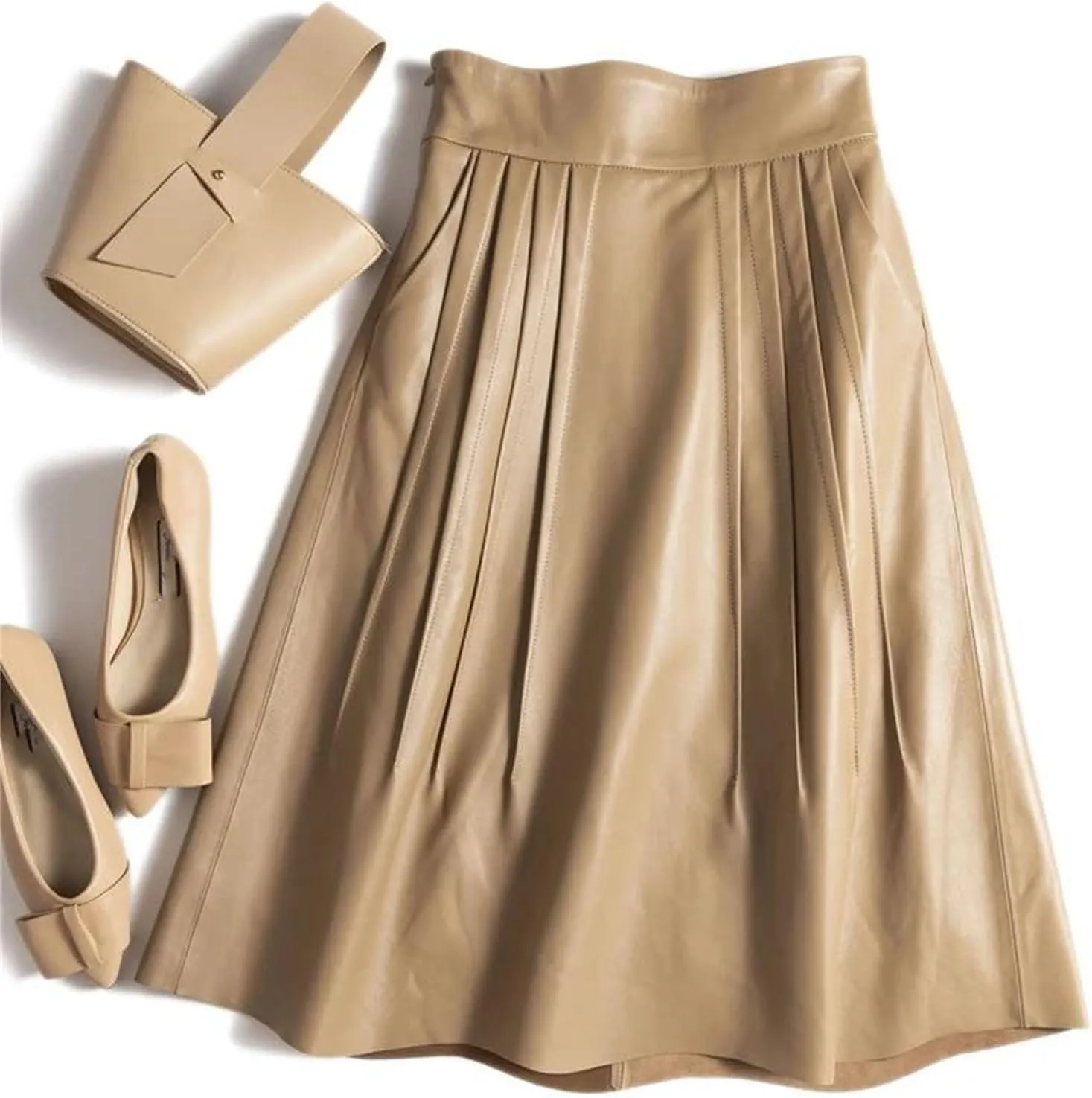 Womens Folded Sheepskin Leather Skirt Winter High-End Heartthrob Midi Pleated Italian
