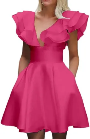Women's Fuchsia Ruffle Sweetheart Neckline Mini Dress, Size Small