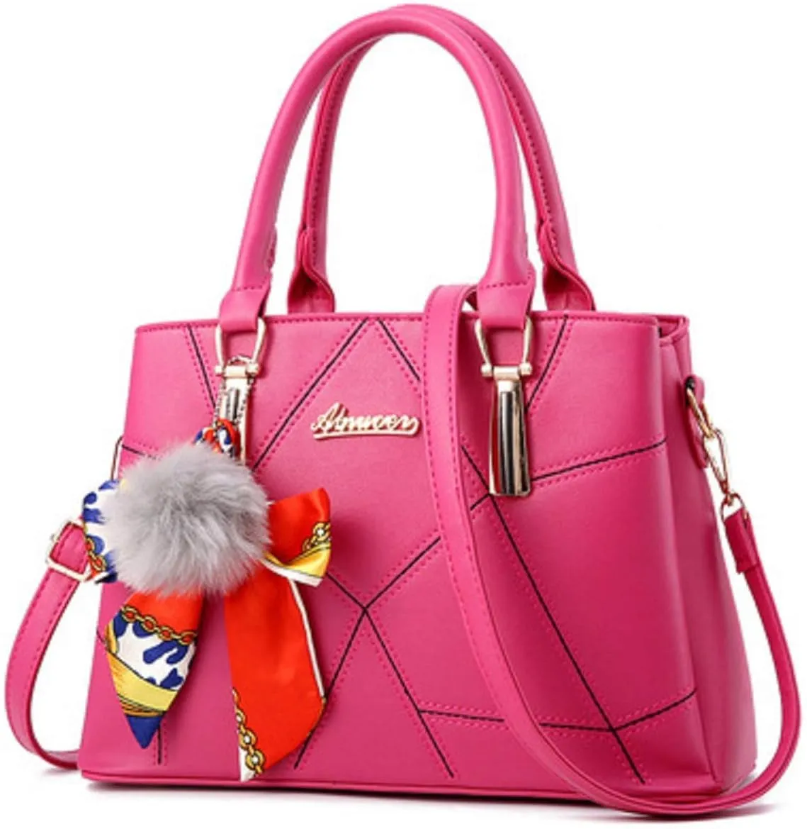 Womens Leather Handbags Purses Top-handle Totes Satchel Shoulder Bag for Ladies With Pompon and Bowknot White