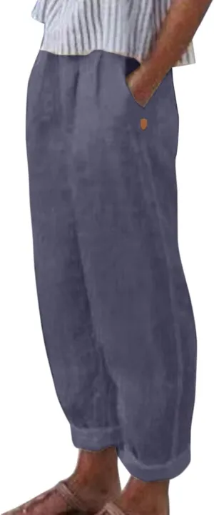Womens Lightweight Summer Pants Casual Straight Leg Cotton Linen Comfy Elastic Waist Capri Yoga Beach Pants Trousers