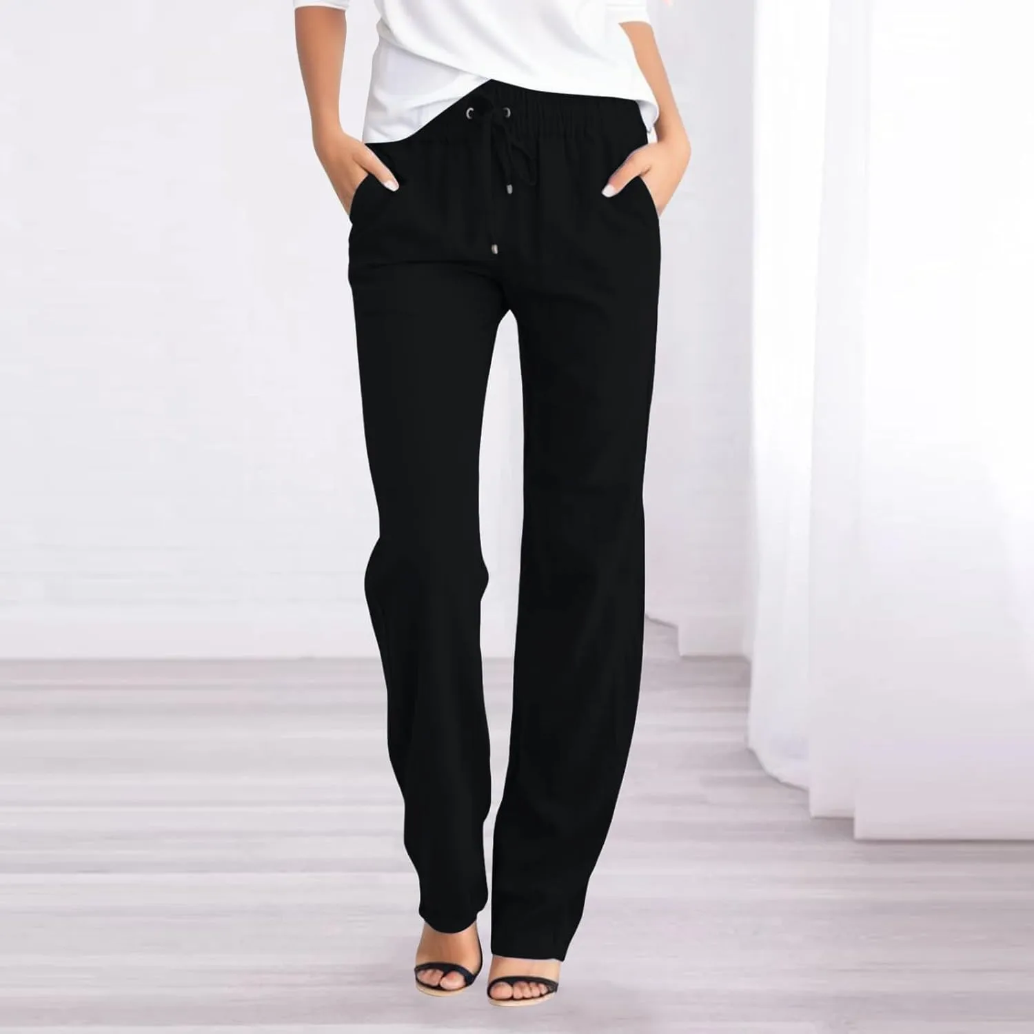 Womens Linen Blend Summer Cropped Pant Trousers Elastic Waisted Ankle Length Slim Fit Trousers Vacation