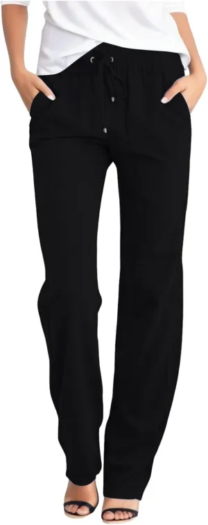 Womens Linen Blend Summer Cropped Pant Trousers Elastic Waisted Ankle Length Slim Fit Trousers Vacation