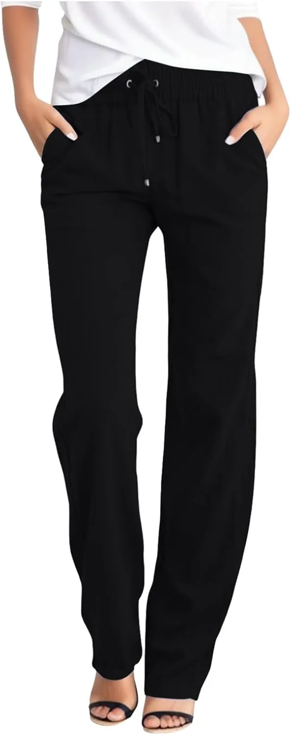 Womens Linen Blend Summer Cropped Pant Trousers Elastic Waisted Ankle Length Slim Fit Trousers Vacation