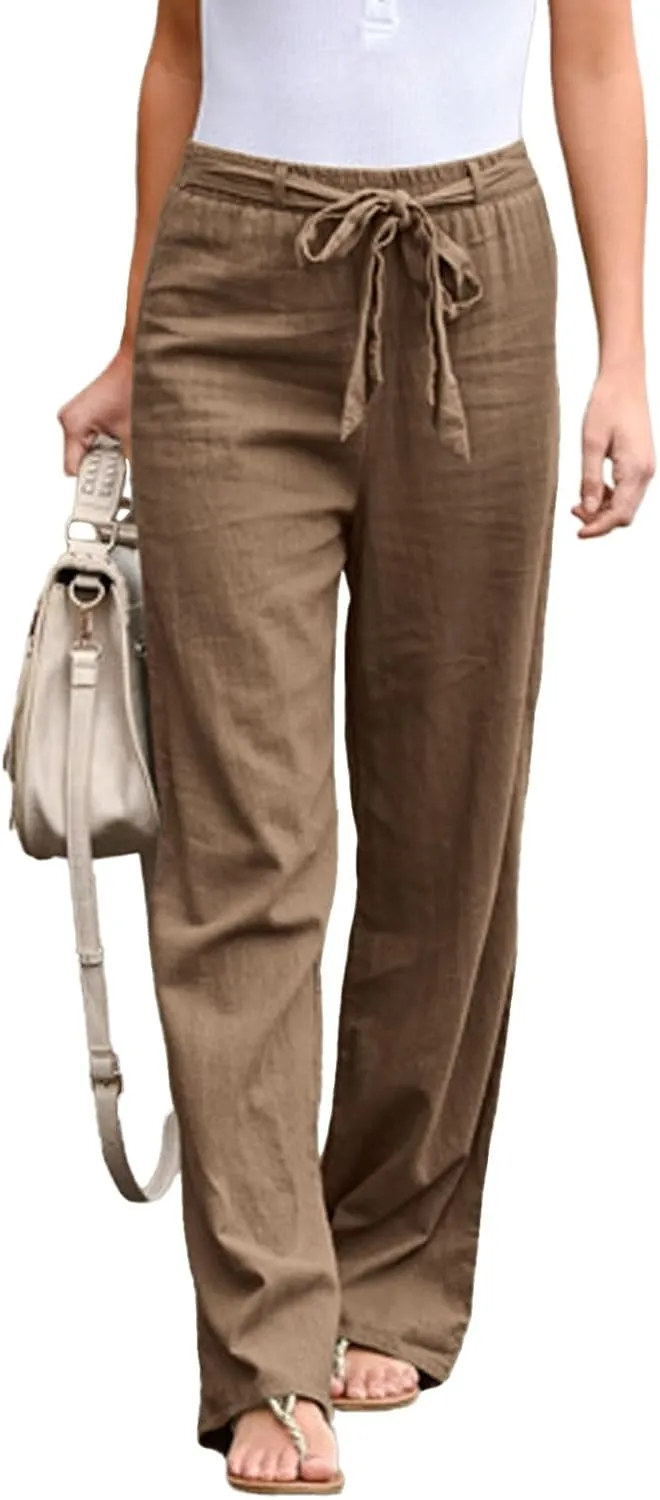 Women's Linen Blend Summer Letter Patched Pants Low Waist Straight Plus Size Trouser Travel