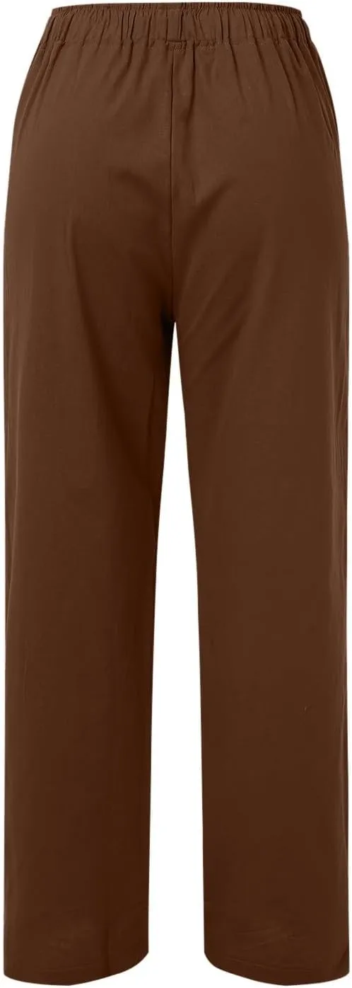 Women's Linen Blend Summer Letter Patched Pants Low Waist Straight Plus Size Trouser Travel