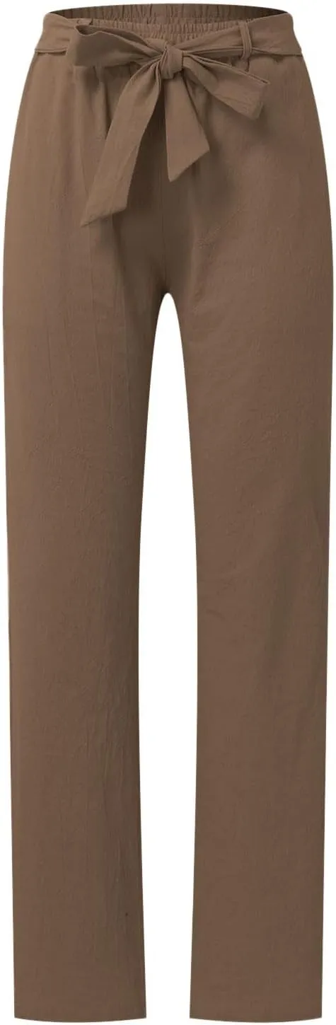 Women's Linen Blend Summer Letter Patched Pants Low Waist Straight Plus Size Trouser Travel