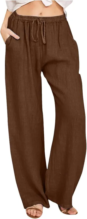 Women's Linen Blend Summer Letter Patched Pants Low Waist Straight Plus Size Trouser Travel