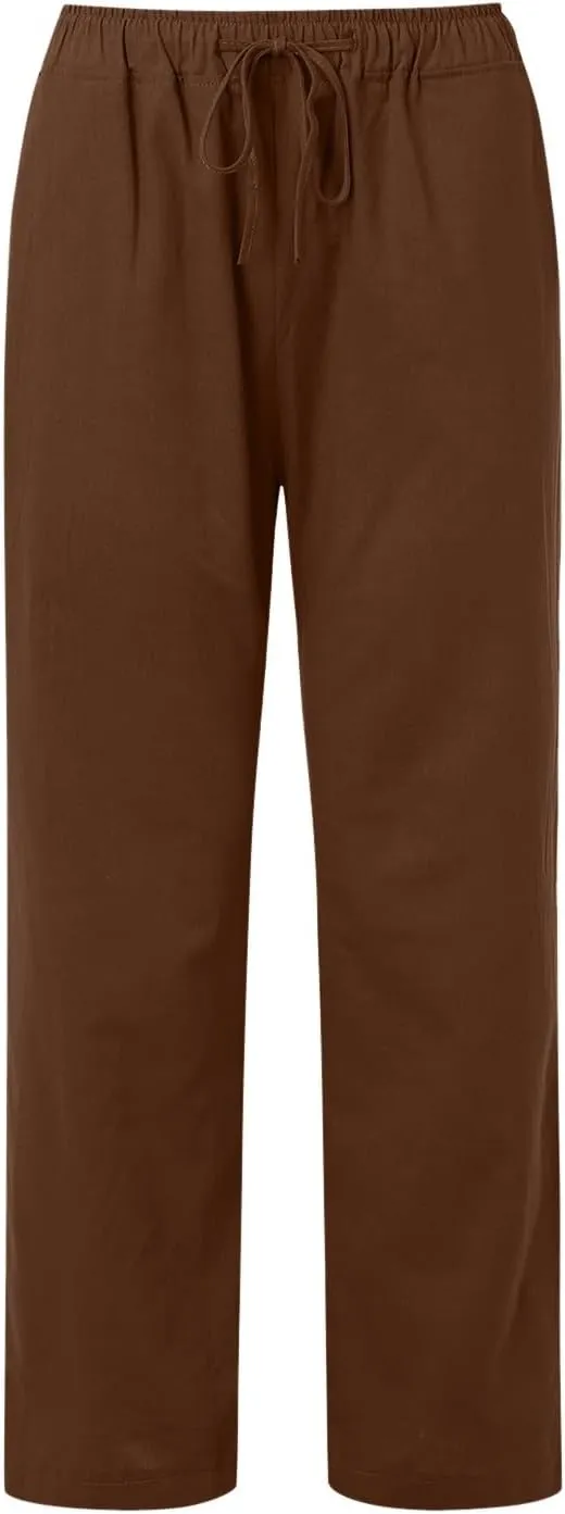 Women's Linen Blend Summer Letter Patched Pants Low Waist Straight Plus Size Trouser Travel