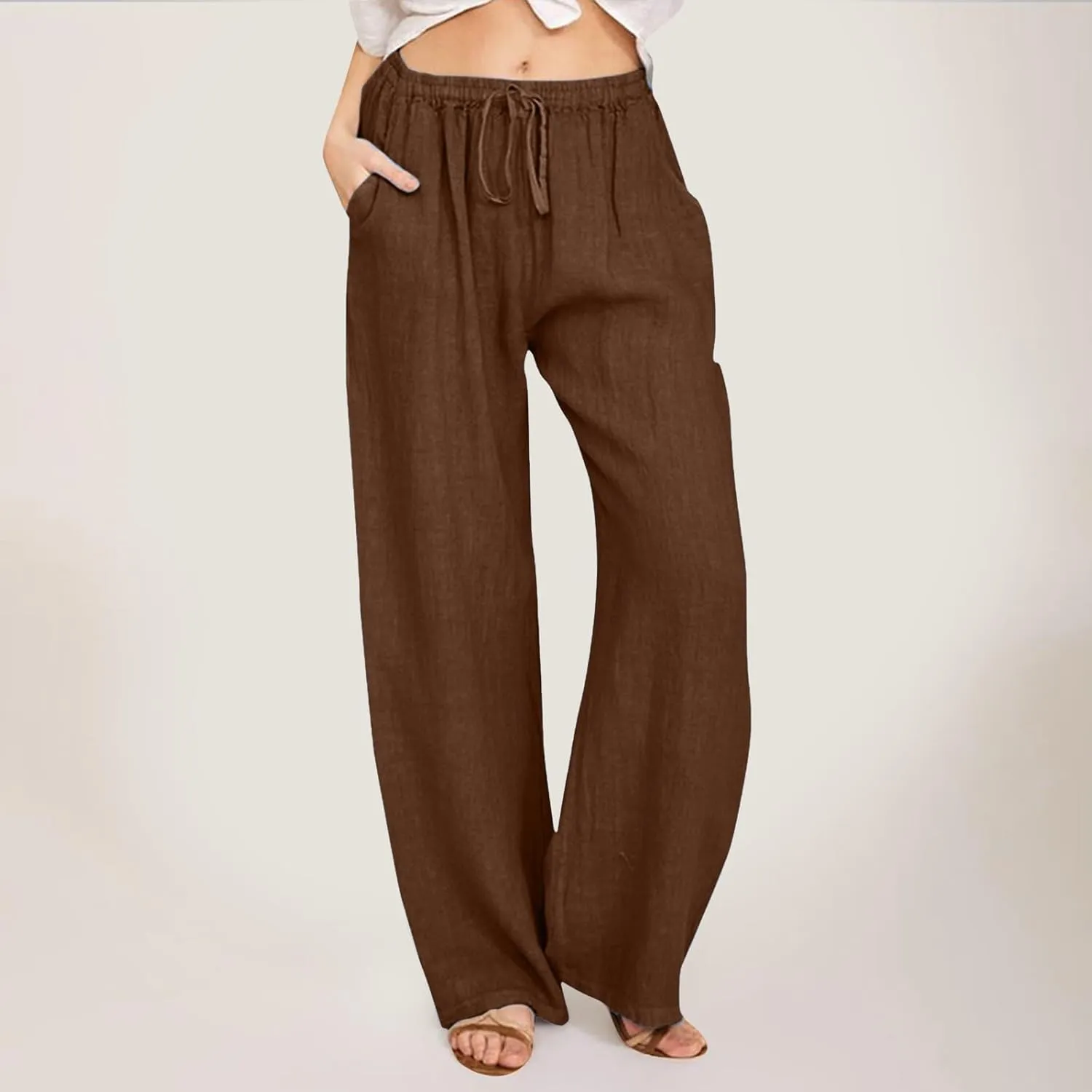 Women's Linen Blend Summer Letter Patched Pants Low Waist Straight Plus Size Trouser Travel