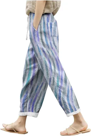 Women's Linen Blend Summer Lightweigt Palazzo Lounge Pants Elastic Waisted Bootcut Slim Fit Trousers Business Work