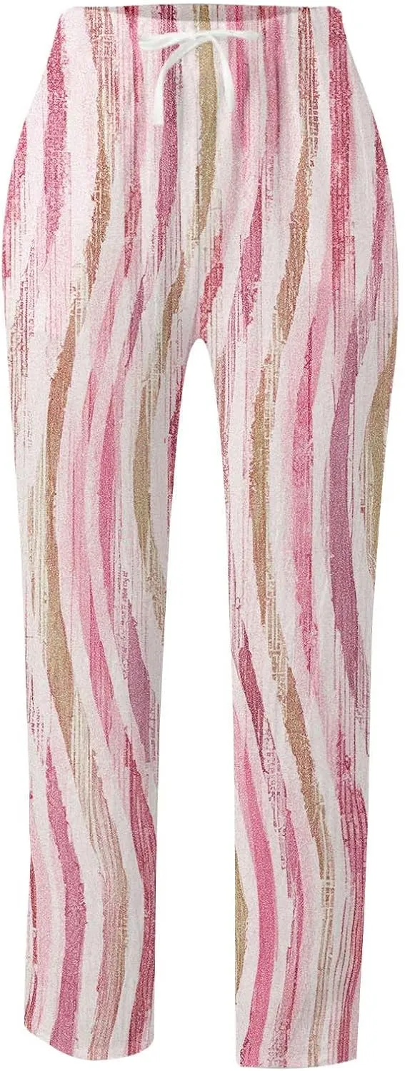 Women's Linen Blend Summer Lightweigt Palazzo Lounge Pants Elastic Waisted Bootcut Slim Fit Trousers Business Work